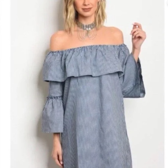 Blue/White Striped Poplin Dress - Picture 2 of 3